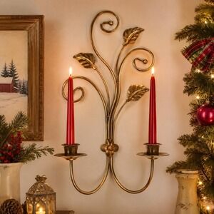 Vtg Brass Wall Candle Sconce Scroll Leaf Metal Wall Hanging Double Taper Holder